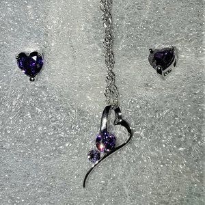 18K White Gold Purple CZ Sloping Heart Necklace & Earrings